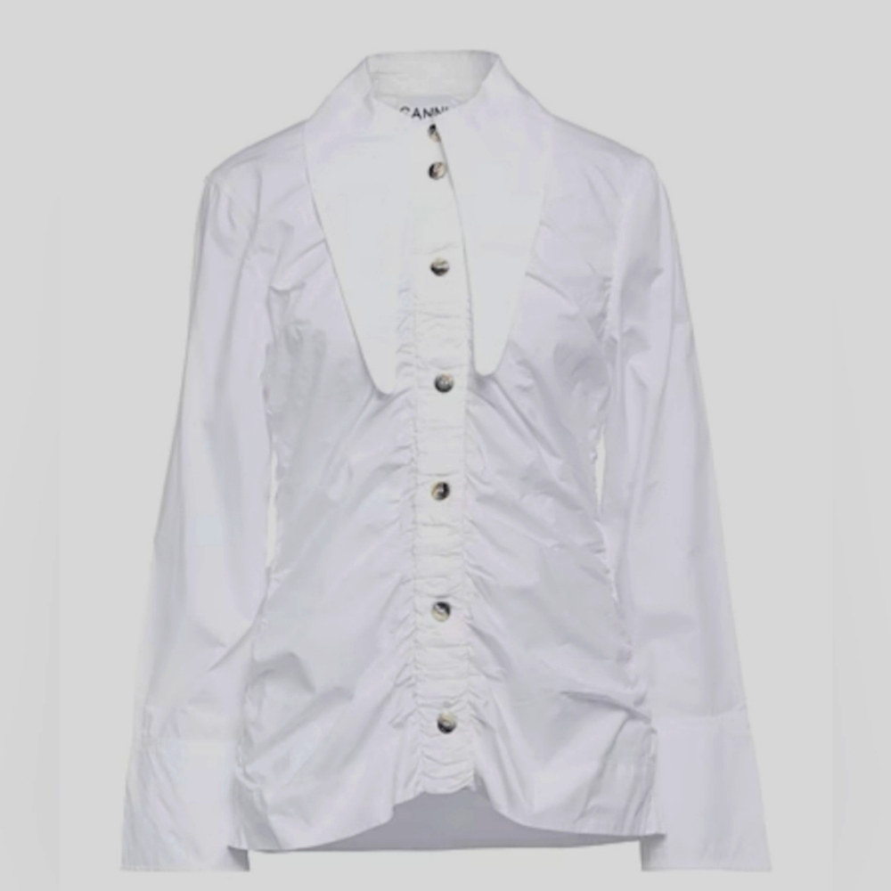 GANNI Cotton Poplin Ruched White Shirt , NWT, Size 34 ( U.S XS)
